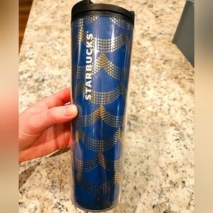 Starbucks 16 oz Navy Blue & Gold Tumbler Hot & Cold Drink Coffee Cup